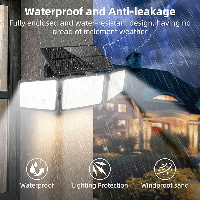 daphino 2500LM Solar Lights Outdoor with Motion Sensor,3 Head 270° Wide Angle Street Area Lights,IP65 Waterproof Security Lighting with 3 Modes(Non-Remote,1 Pcs)