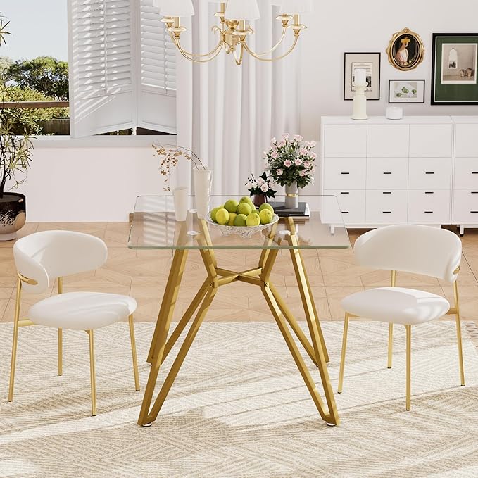 35.4" Square Glass Dining Table for 4, Modern Tempered Glass Kitchen Table for 4 with Gold Metal Legs, Compact Small Circle Dining Room Leisure Tables for Kitchen Apartment