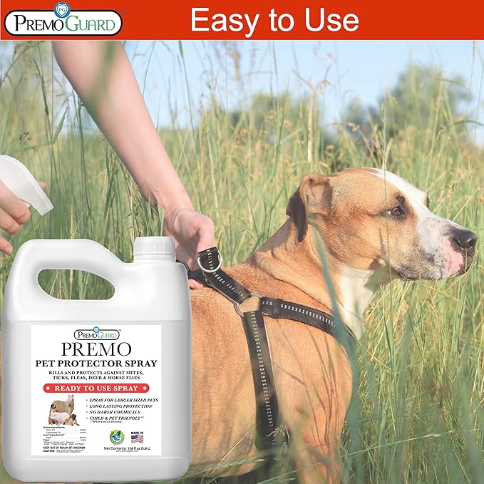 Premo Guard Pet Protector Spray - 128 oz - Kills Mites, Fleas, Ticks, & Mosquitoes - for Dogs, Cats, & Home - Natural Plant Based Oils for Control, Prevention & Treatment - Family Safe