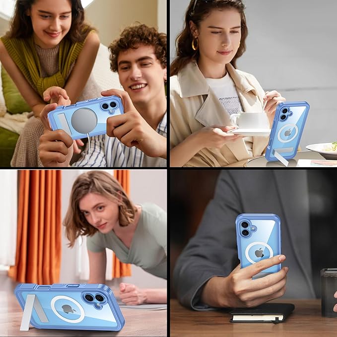 360° Protection Magnetic for iPhone 16 Case Built-in 9H Privacy Screen Protector & Metal Stand[Fit for Magsafe][Anti-Spy][Lens Protector] Heavy Duty Shockproof Phone Case for iPhone 16(Blue)