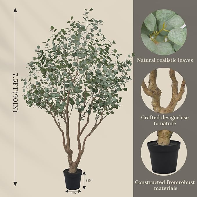 Artificial Eucalyptus Tree 7.5ft Tall Faux Plant with Large Trunks and Realistic Leaves,Fake Floor Potted Artificial Plants for Home Living Room Office Decor Indoor (7.5Feet,1Pack)