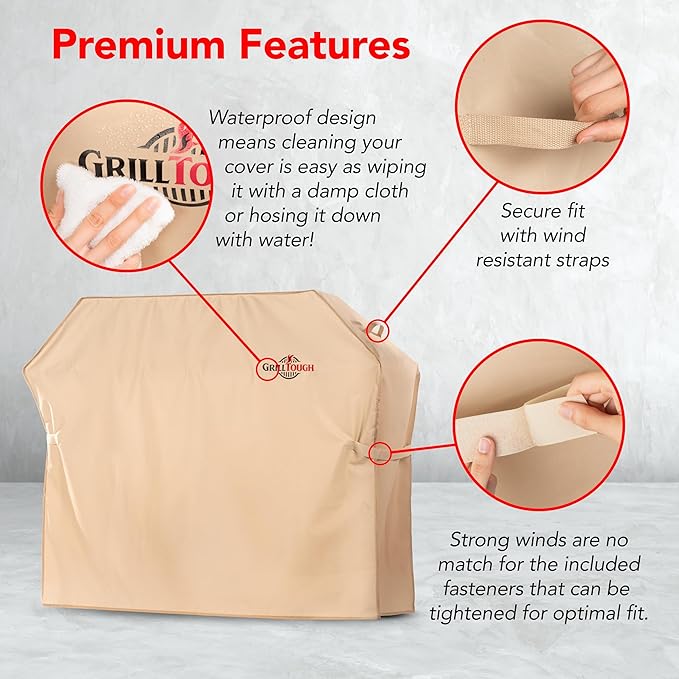 GrillTough Heavy Duty BBQ Grill Cover for Outdoor Grill, 60 Inch – Waterproof, Weather Resistant, UV & Fade Resistant with Adjustable Straps – Gas Grill Cover for Weber, Genesis, Charbroil, etc. Tan
