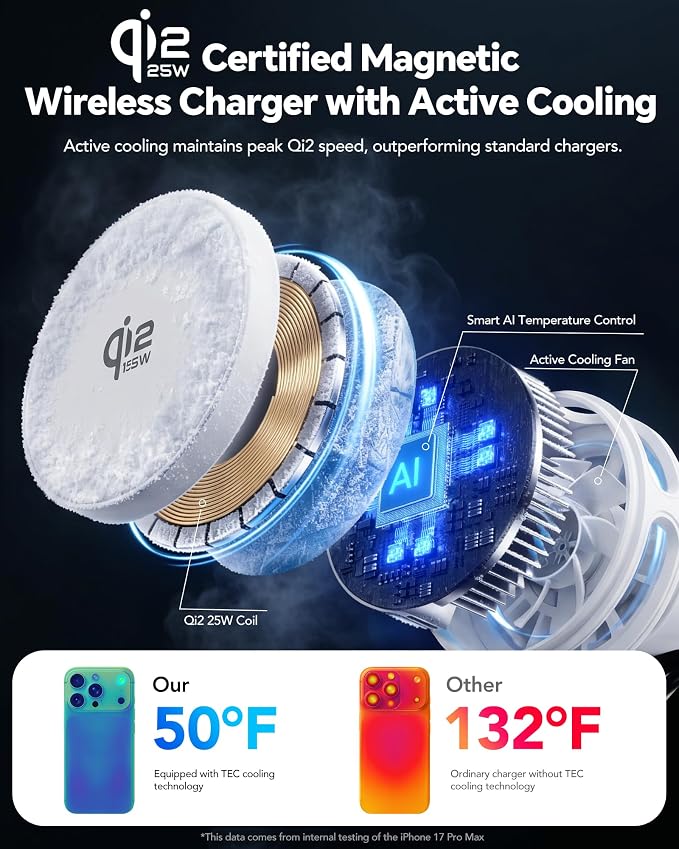 Qi2.2 25W 3 in 1 Mag-Safe Charger with TEC Active Cooling Charging Station | Qi 2 Wireless Charger Fast Charging for iPhone 17-8Galaxy S26/Note/Z Fold Flip8Apple/Samsung WatchPods/Buds(45W Adapter)