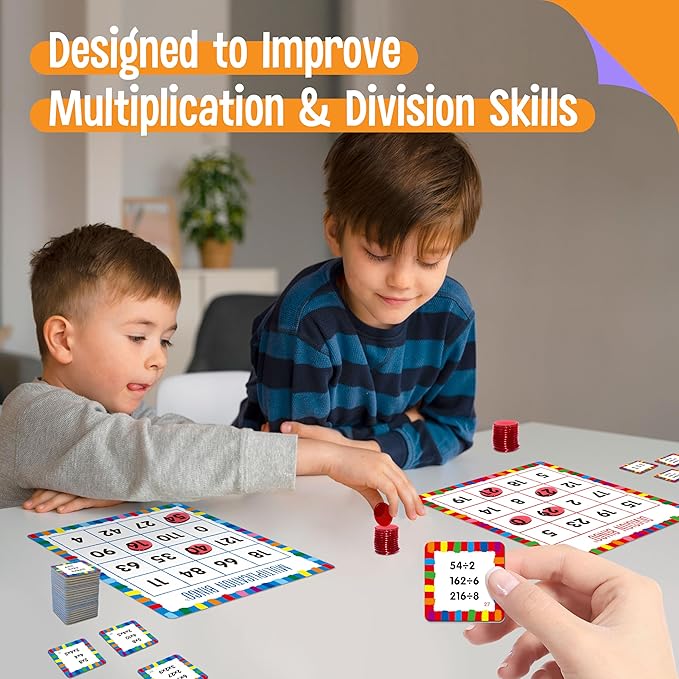 SpriteGru Multiplication & Division Bingo Game, 480 Math Problems, 2 Educational Math Board Game for Kindergarten and Preschool Kids 4-8, Perfect for Classroom & at Home (Up to 25 Players)