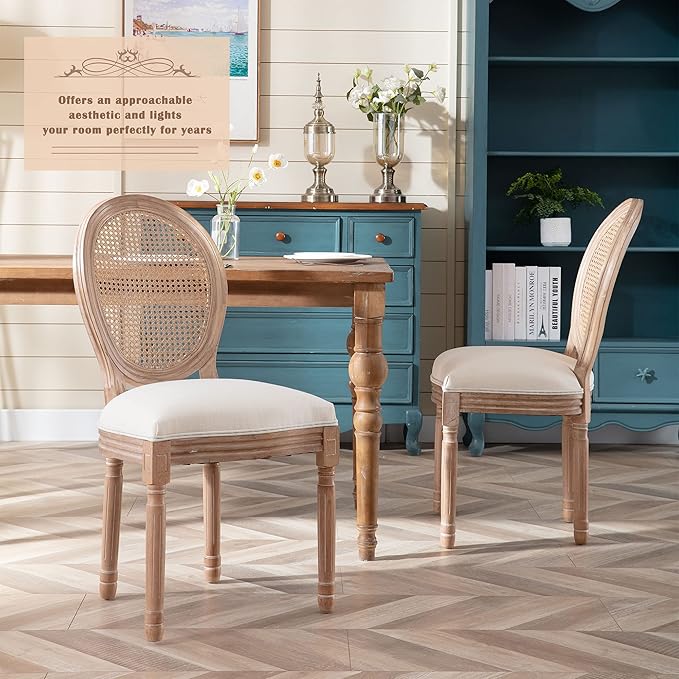 Nrizc French Country Dining Chairs Set of 4, Farmhouse Fabric Chairs with Round Back, Rattan Dining Chair, Oval Side Chairs for Dining Room/Living Room/Kitchen/Restaurant