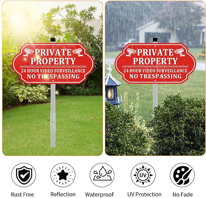 No Trespassing Signs Private Property, Video Surveillance Sign, No Trespassing Video Surveillance Signs, Aluminum Camera Signage for Property with Long Stake Easy to Install for Outdoor (2 Pack)