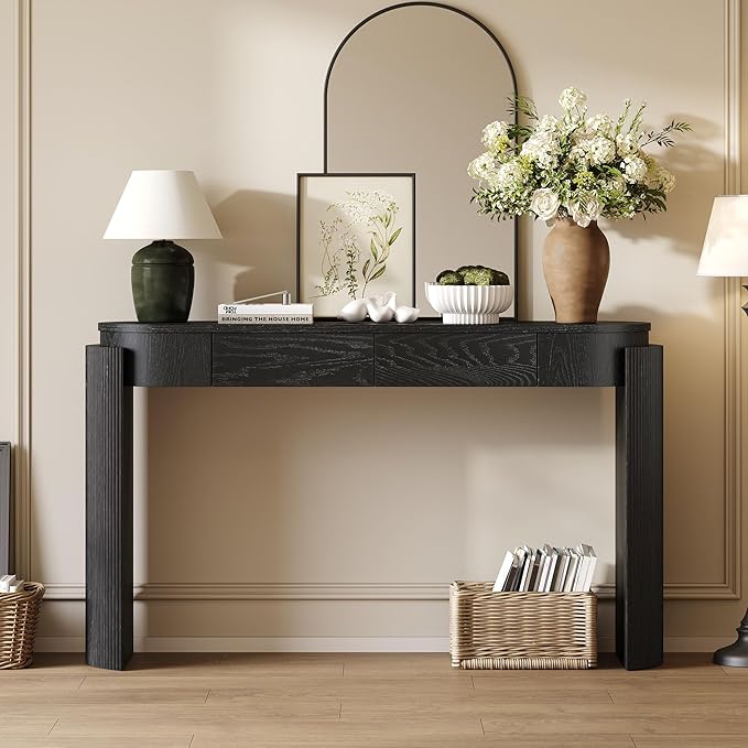 55.1" Entryway Narrow Console Table with Drawers, Oval Top & Fluted Legs, Natural Wood Grain Sofa Table for Hallway, Foyer, Behind Couch, Accent Table for Living Room, Solid Wood + MDF (Black)