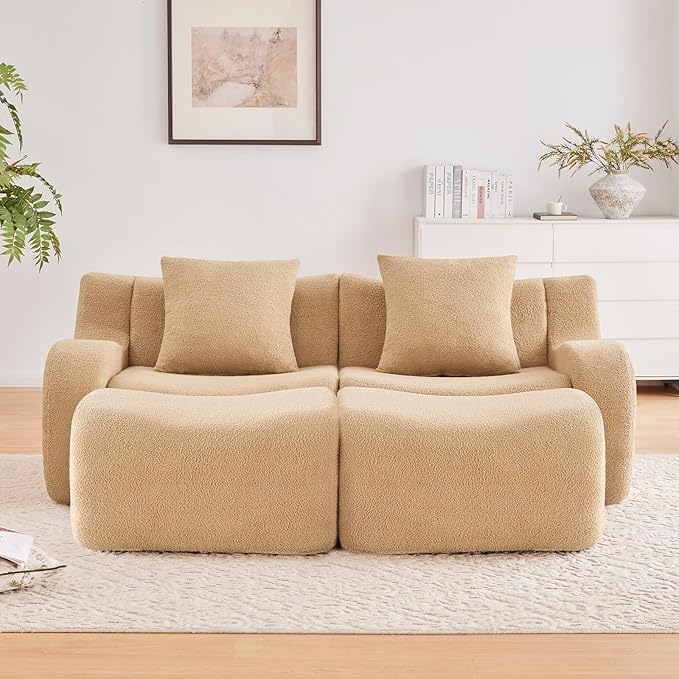 Camel Modular Cloud Couch Loveseat with 2 Ottomans, Modern Teddy Fabric Boneless Sectional Sofa in a Box for Living Room, Deep Seat Floor Couch, No Assembly Required, Sofas para Sala