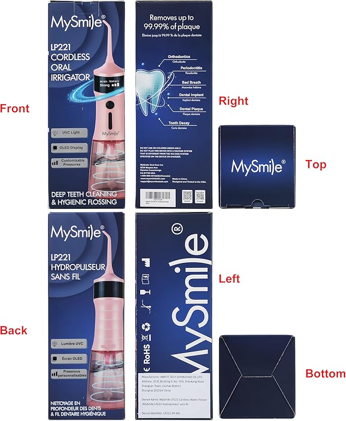 MySmile LP221 Cordless Water Flossers for Teeth with UVC Light Sanitizer and OLED Display, 335ML 4 Modes Water Teeth Cleaner Picks for Teeth Cleaning and Water Flossing (Juicy Pink)