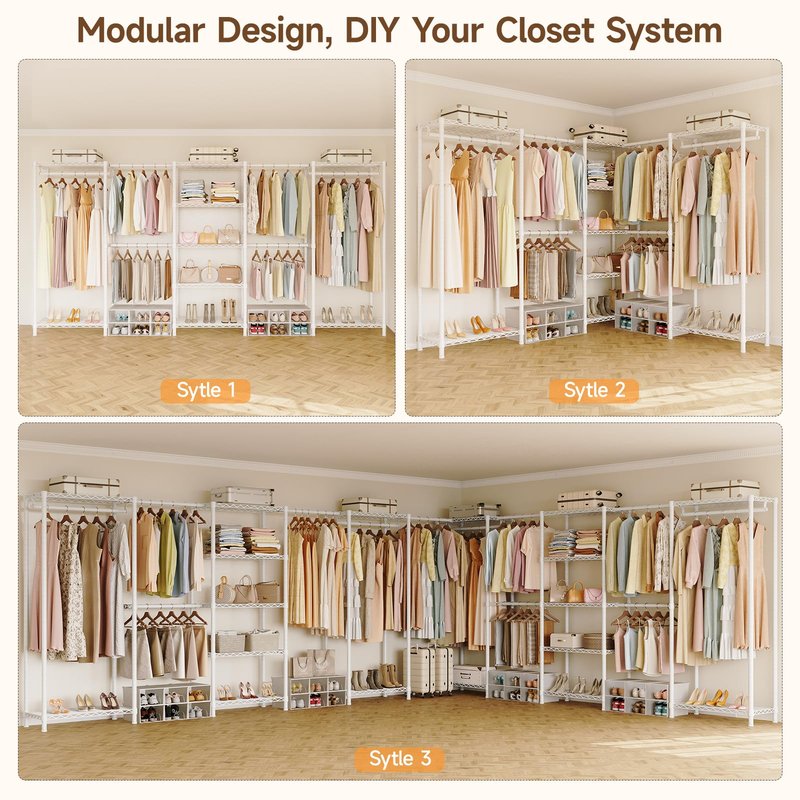 ONBRILL E5 Expandable Heavy Duty Garment Rack, Freestanding Closet Organizer System with 9 Wire Shelves & 6 Hanging Rods, Modular Metal Pipe Clothing Rack, Max Load 1350LBS, Portable Closet, White