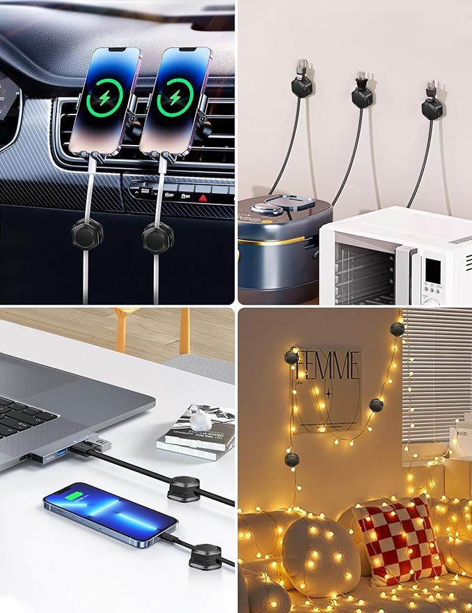 Cord Holder - Magnetic Cable Clips - Under Desk Cable Management - Adhesive Wire Holder Keeper Organizer for Desk, Nightstand, Phone Charger, Computer, Home, Office, Car (6pcs)