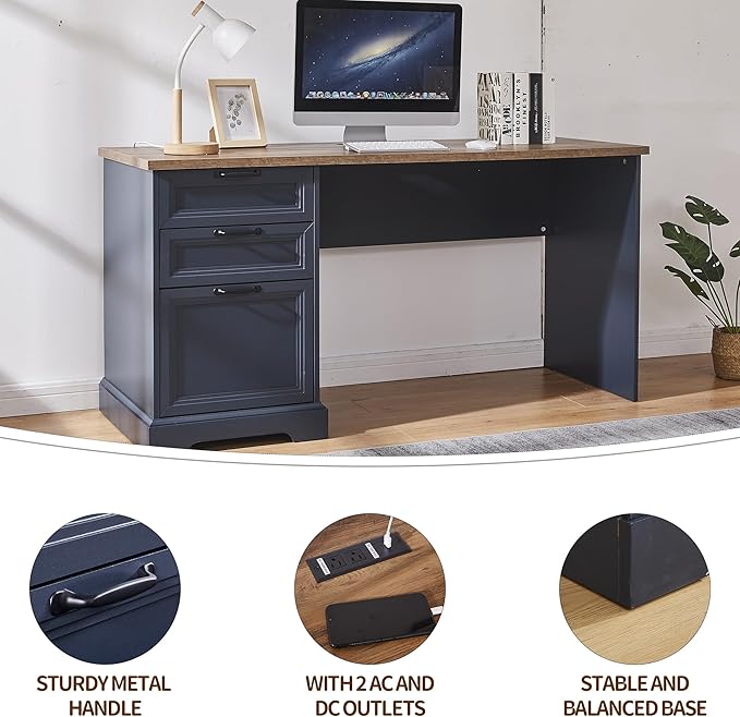 60" Farmhouse Executive Desk with Charging Station,Home Office Desk with 2 Drawers &1 File Cabinet,Fluted Computer Desk for Office and Home (Blue)