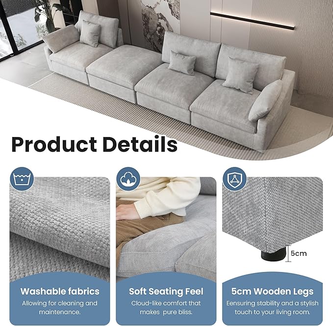 120" Cloud Couch Modular Sectional Sofa with Ottoman,Down Filled U Shaped 5 Seater Convertible Sofa,Cover Washable and Replaceable Couches for Living Room,Gray