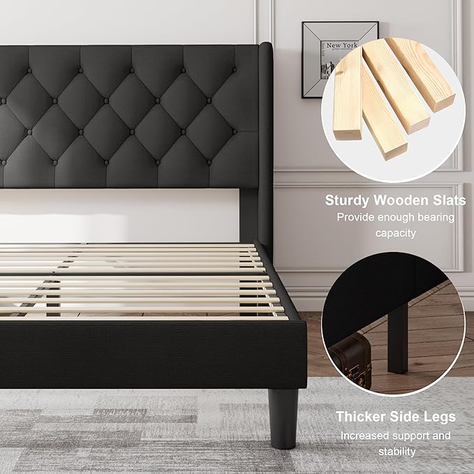 Feonase Full Size Bed Frame with Upholstered Wingback Headboard,Button Tufted Platform Bed and Heavy Duty Wooden Slats Support,Easy Assembly, Noise-Free,No Box Spring Needed, Black