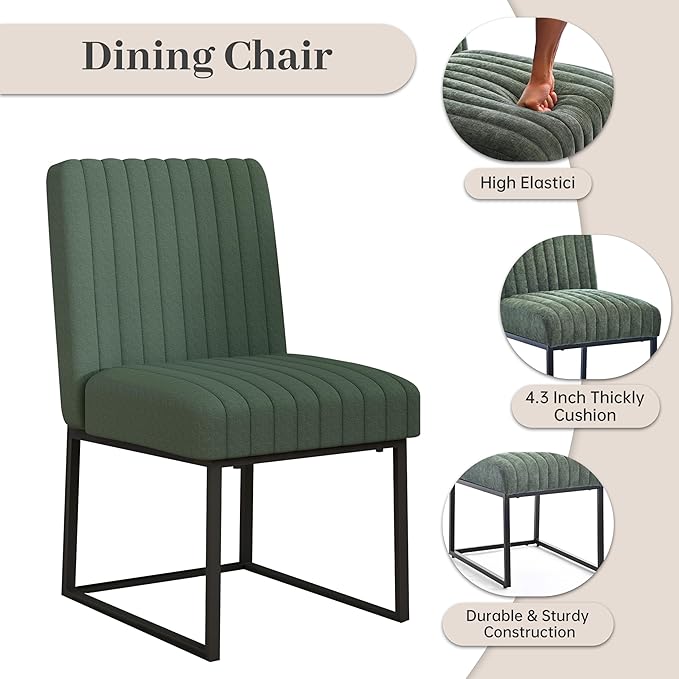VKNOW Upholstered Dining Chairs, Modern Dining Room Chairs with Stripe, Linen Kitchen Chair Dinner Chair with Black Metal Base for Kitchen Office, Green