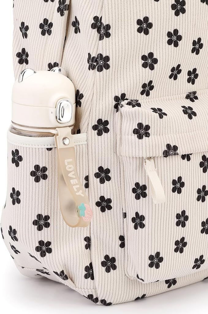 Backpack for Girls Boy Teen Corduroy Bookbags Elementary Middle High School Women Laptop Bag with Lunch Box Pencil Bag (Flower Black)
