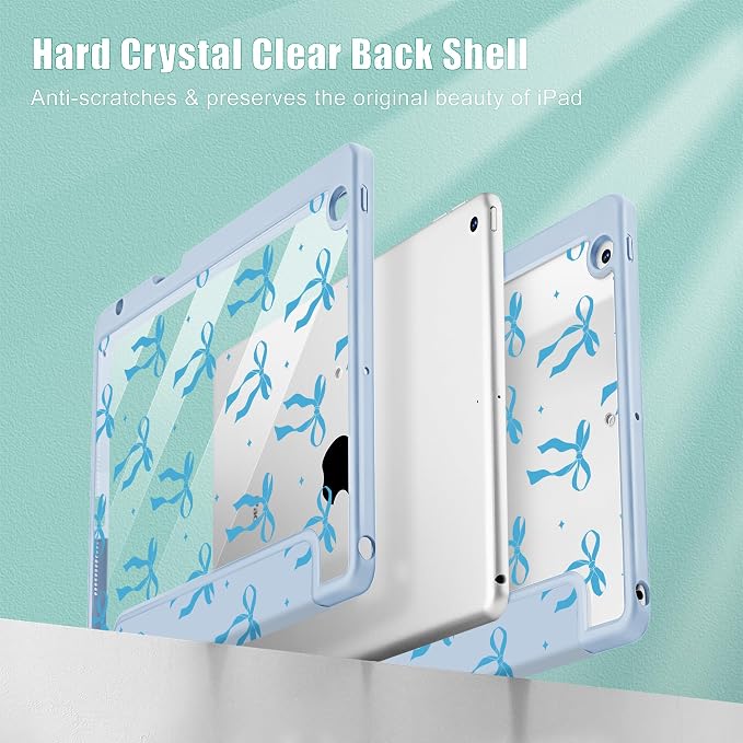 Case for iPad 9th/8th/7th Generation 10.2-Inch (2021/2020/2019 Release) with [Built-in Pencil Holder] Shockproof Cover with Clear Transparent Back Shell &amp Auto Wake/Sleep - Blue Bows