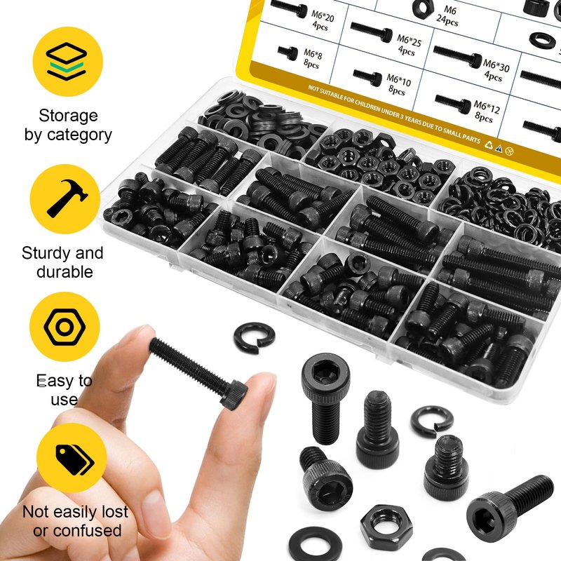 Fgruh 174PCS M6 Screws with Nuts Assortment Kit - M6x8/10/12/16/20/25/30/35 mm Hex Socket Head Cap Bolts with Nuts & Washers Assorted Set - 12.9 Alloy Steel Black Zinc Plated Anti-Rust Hardware Set