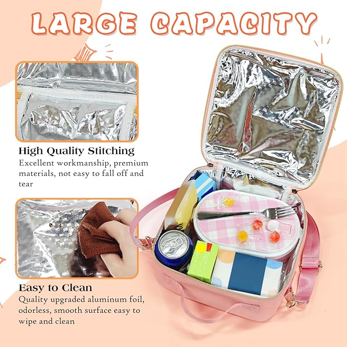 Insulated Lunch Bag Women Lunch Box Kids for Teen Girls Boys, Cute Preppy Lunch Boxes With Adjustable Shoulder Strap, Waterproof Nylon Lunchbox Lunch Bags for School Work Picnic (Light Pink)