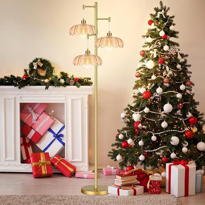 Gold Floor Lamps for Living Room 3 Lights Floor Lamp with Glass Lampshape & Three Led Bulb,Mid Century Standing Lamp Vintage Brass Tall Lamp Tree Floor Lamp for Bedroom Corner