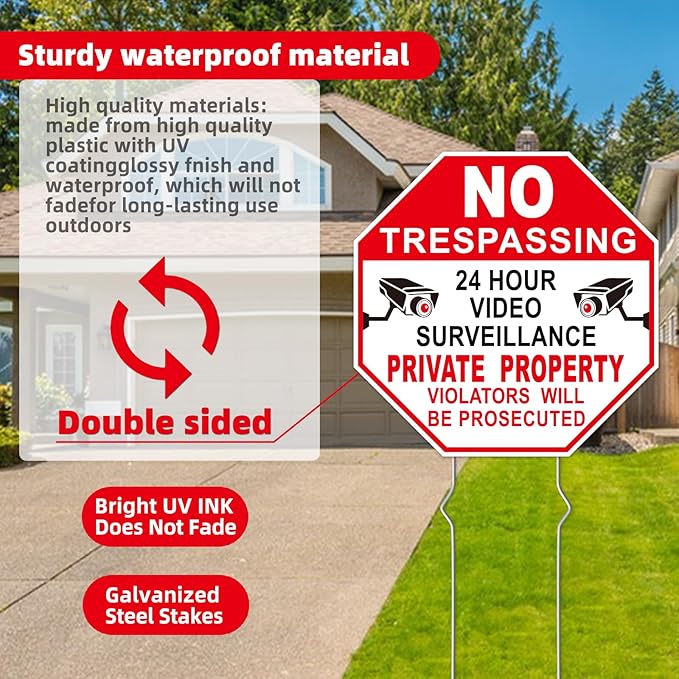 NO Trespassing Signs Private Property Video Surveillance Sign, Large 4-Pack 10"x10" Double-Sided Signs, Corrugated Plastic, Metal Stakes, Outdoor Yard Sign for Home and Front Door Land, and Garden, Lawn