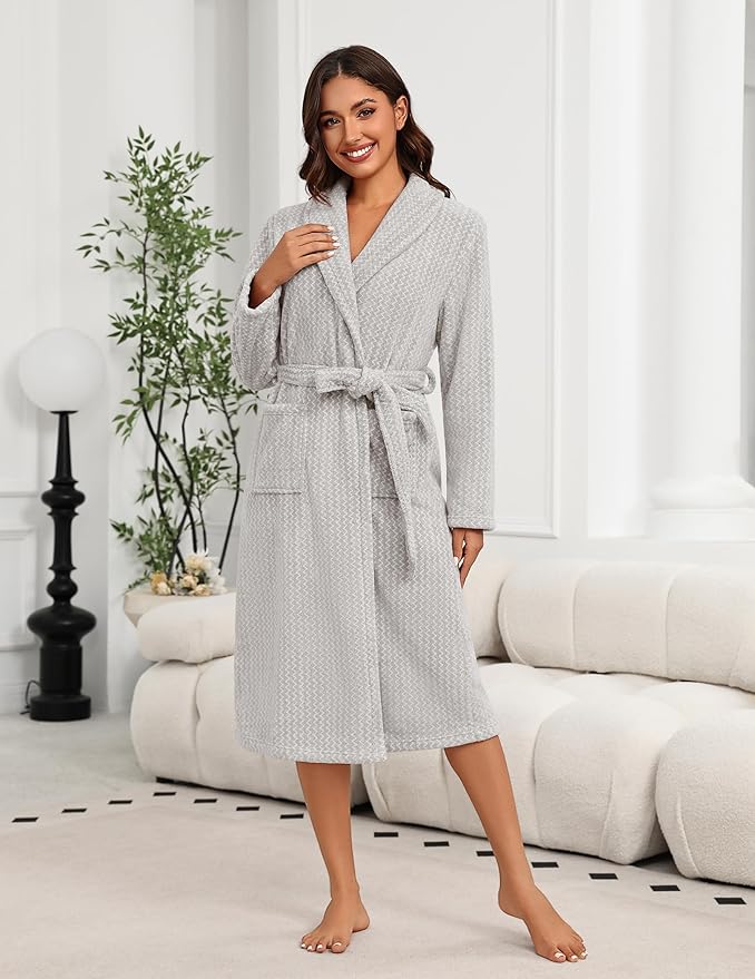 Ekouaer Women's Robe Plush Soft Long Bathrobe Cozy Warm Shawl Collar Spa Robe with Pockets