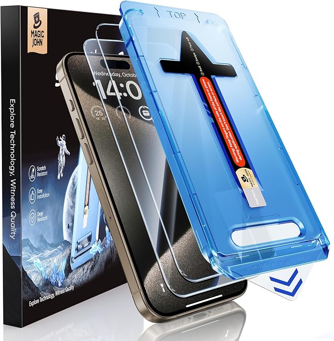 MAGIC JOHN 2 Pack for iPhone 15 Pro Max 6.7 inch Tempered Glass Screen Protector Auto Dust-Elimination Installation Bubble Free Dynamic Island Compatible HD Clear Easy Installation