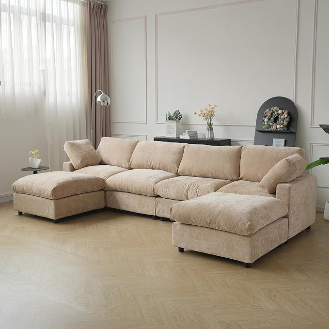 JACH U Shape Sectional Couches for Living Room, Modular Sofa with Chaise Ottomans, Cloud Sectional Couch, Sofa Covers Washable, Minimalist Couch for Living Room, Apartment, Khaki