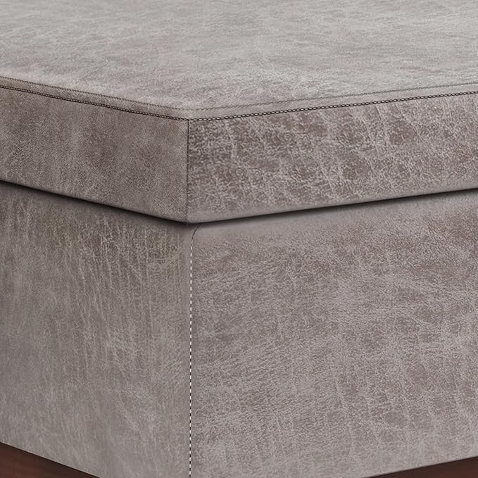 SIMPLIHOME Owen Lift Top Coffee Table Storage Ottoman - 42 inch Wide Upholstered Vegan Leather Rectangular Lift-Top Ottoman in Distressed Grey Taupe, Mid-Century Modern Ottoman for Living Room
