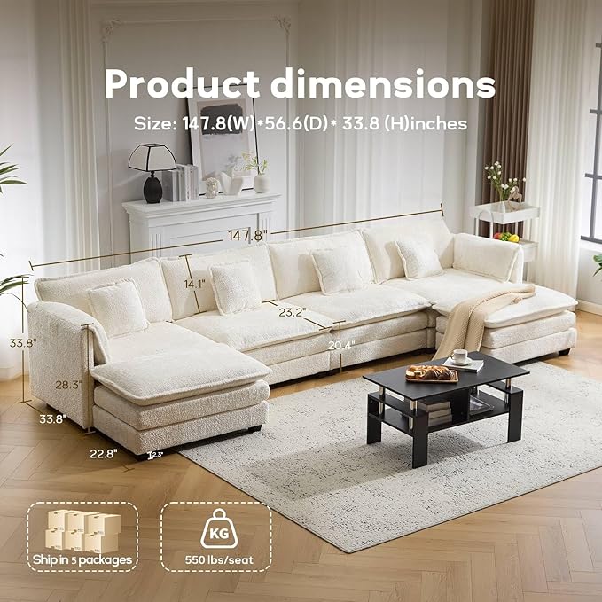147.8" U Shaped Modular Sectional Sofa, Comfy Cloud Couch with Movable Ottoman, Deep Seat Modular Sofa, Sectional Couches for Living Room, Bedroom, Apartment (Beige)