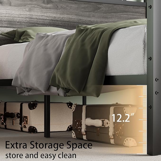 Full Size Bed Frame, 51.2" Tall Industrial Headboard, Full Platform Bed Frame with Strong Steel Slats Support, Noise Free, No Box Spring Needed, Easy Assembly, Wash Grey