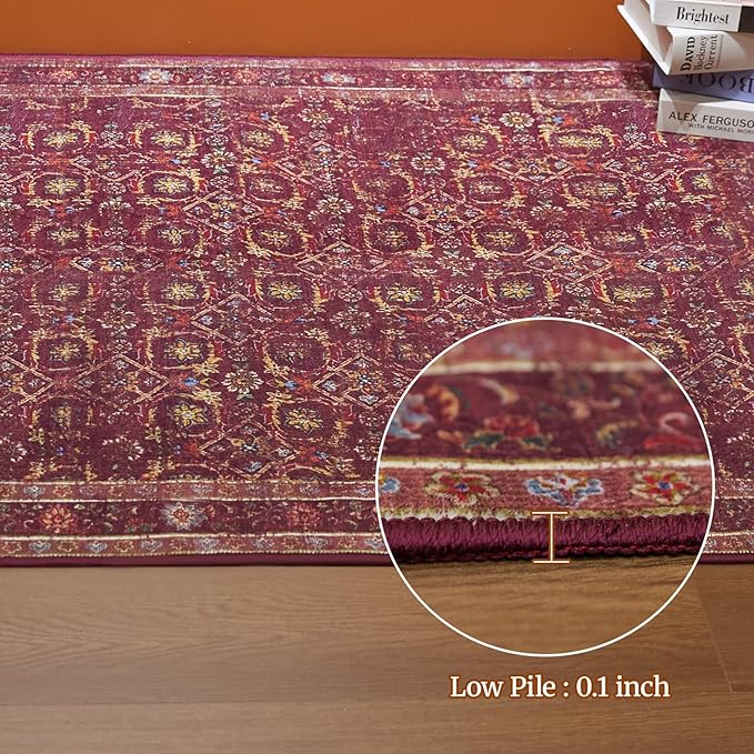 8x10 Soft Washable Area Rugs for Living Room and Bedroom, Non-Slip Stain Resistant Indoor Carpet, Cozy Floor Mat for Dining Room, Office, Under TableStain Resistant Persian red Floral