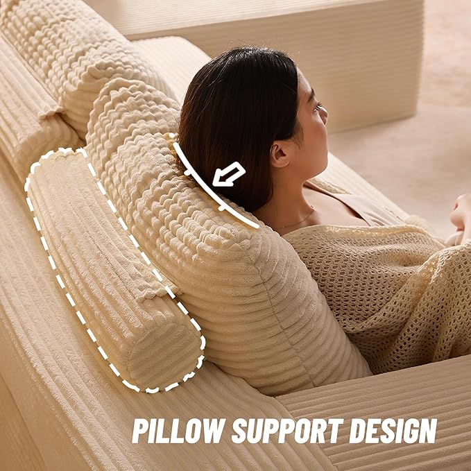 107" Boneless Couch with Deep Seat, Modular Sectional Sofa, Cloud Sectional Couch for Living Room, No Assembly Required, Corduroy, L-Shape Left?White