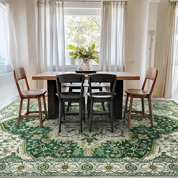 Area Rugs 5x7 - Machine Washable Vintage Oriental Soft Rug, Low Pile Thin Floor Carpet with Non Slip Backing for Living Room, Bedroom,Dorm, Kitchen, Indoor House, Office Rolling Chair
