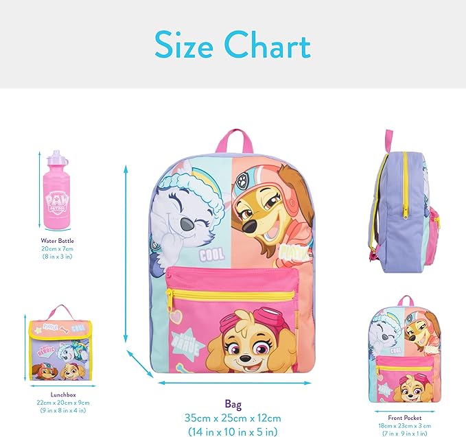 Paw Patrol Backpack 3 Piece Set | Skye Girls Backpack, Lunch Bag And Water Bottle | Girls School Bag | One Size Purple