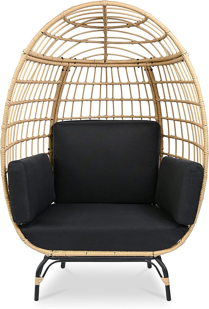 SereneLife Black Wicker Rattan Egg Chair for Indoor and Outdoor Use - Comfy Sofa Chair with 4 Washable Cushions, Durable Powder-Coated Steel Frame, Stylish Ribbed Back, Supports up to 440lbs
