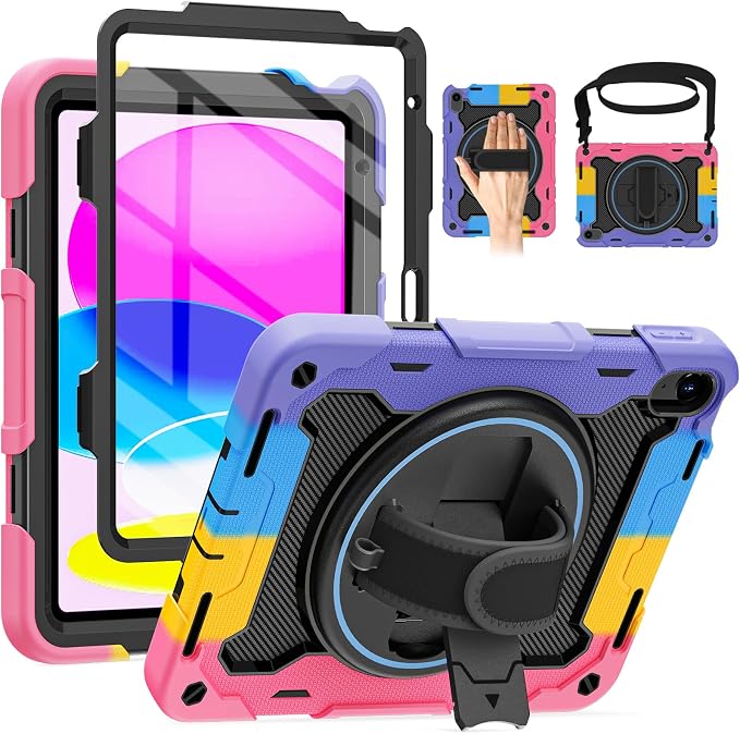 for iPad 9th 8th 7th Gen Case 10.2 inch with Screen Protector | 360° Rotating Kickstand Hand Strap Shoulder Strap Heavy Duty Military Grade - Kids Friendly