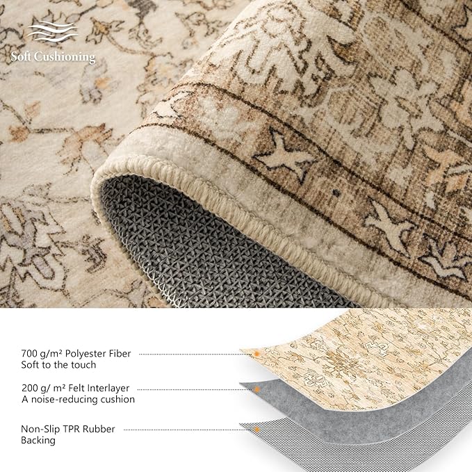 6x9 Area Rugs for Living Room,Machine Washable Low Pile Non Slip Stain Resistant Vintage Euro Floral Boho Desgin Carpet Rug for Bedroom Dining Room Kid's RoomHome Office,Natural Beige
