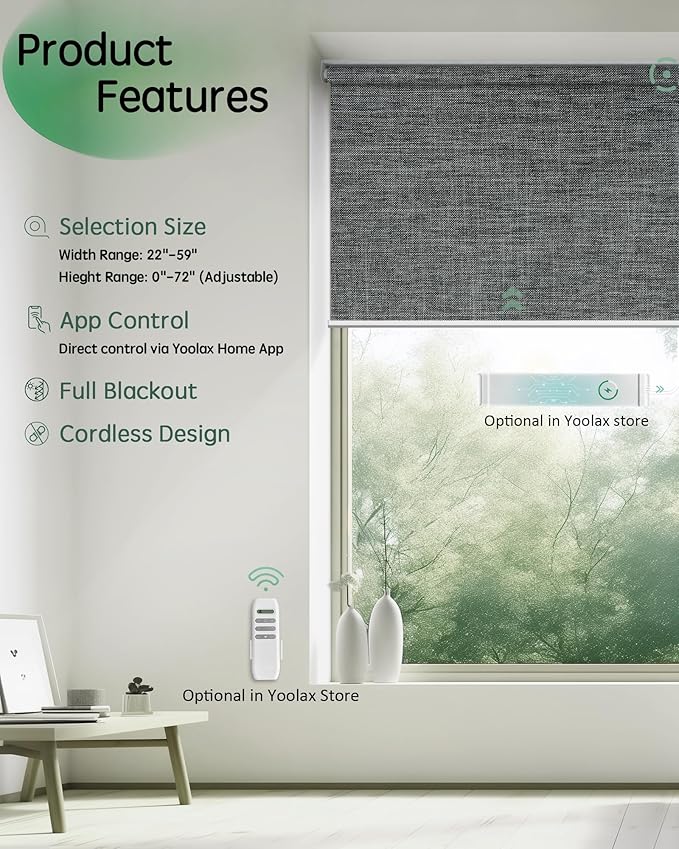 Yoolax Motorized Blinds App Control, Blackout Roller Shades for Windows, Cordless Automatic Shades Roller Window Blinds for Bedroom Living Room Office (Blackout Ashfall Gray, 35" W x 72" H)