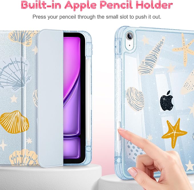 for iPad Air 11 inch M4/M3/M2 (2026/2025/2024) iPad Air 5th/4th Gen (2022/2020) 10.9 inch with Pencil Holder Glitter Clear Pretevtive Cover Auto Wake/Sleep Black Cartoon Stickers