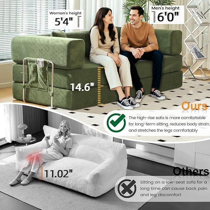 Folding Sofa Bed Convertable Corduroy Couch King Size Floor Sleeper 4-in-1 DIY Combination sofabed Fold Out Futon Lounge Comfy Foldable couches cama for Living Room (Green, 80.15")