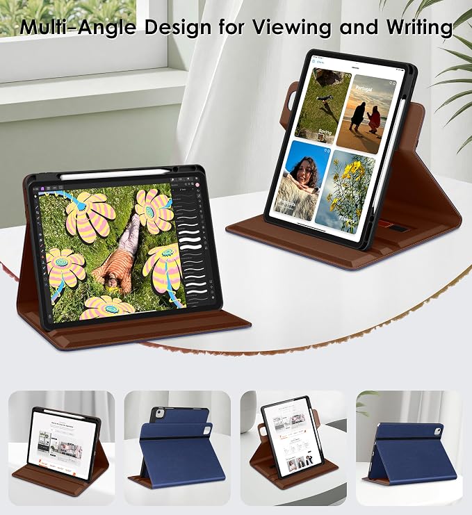 DTTO for iPad Air 13 Inch Case M4 / M3 / M2 (2026/2025/2024) 360 Degree Rotating Premium Leather Folio Stand Cover with Pencil Holder Brown