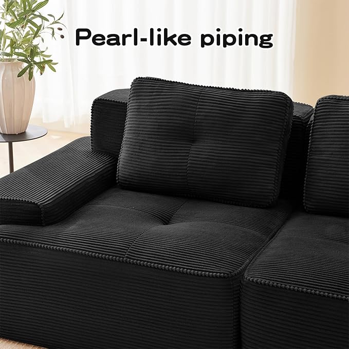 115" Modern Compressed Boneless Couch with Ottoman, 3 Seater Large U Shaped Sectional Couches for Living Room, Black Corduroy Cloud Modular Sectional Sofa, Memory Foam, Extra Deep, No Assembly