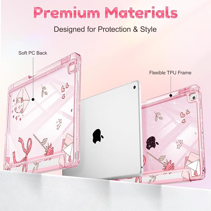 Case for iPad 9th/ 8th/ 7th Generation 10.2-Inch Case(2021/2020/2019 Release) Glitter Tablet Cases with Transparent Acrylic Back+Trifold Stand+Pencil Holder+Auto Wake/Sleep Bows-Stripe