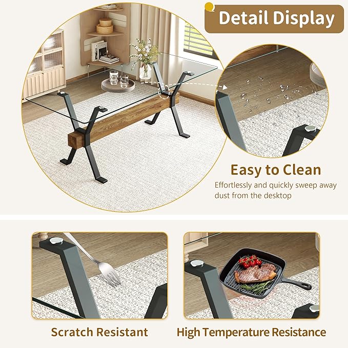 79" Glass Dining Table, Modern Kitchen Table, Modern Dining Table for 8, 0.4" Thick Tempered Glass Tabletop with Matte Black Metal Legs and Wooden Crossbar, Ideal for Dining Room, Kitchen