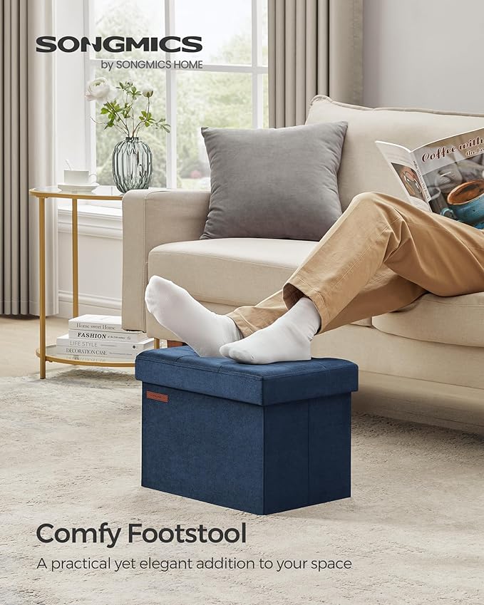 SONGMICS Storage Ottoman, Foldable Small Ottoman Foot Rest, 12.2 x 16.1 Inches Foot Stool, Load up to 286 lb, for Living Room, Bedroom, Dorm, Midnight Blue ULSF200Q01
