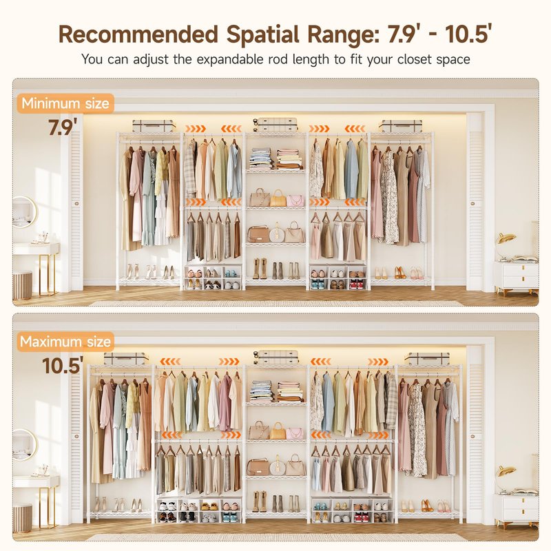 ONBRILL E5 Expandable Heavy Duty Garment Rack, Freestanding Closet Organizer System with 9 Wire Shelves & 6 Hanging Rods, Modular Metal Pipe Clothing Rack, Max Load 1350LBS, Portable Closet, White