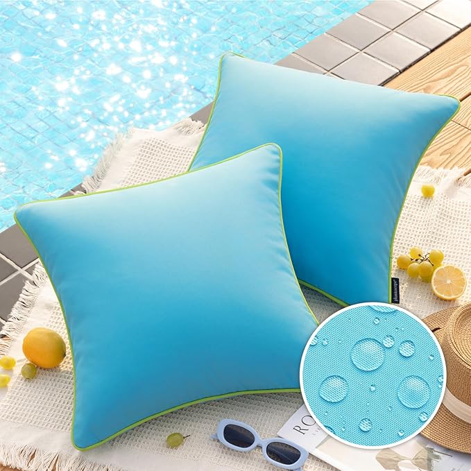 Phantoscope Pack of 2 Outdoor Waterproof Throw Pillow Covers with Contrast Piping, Decorative Square Cushion Case Patio Pillows for Couch Tent Sunbrella, Sky Blue 18x18 inches