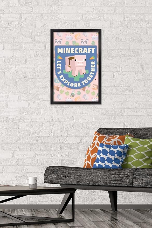 Trends International Minecraft - Let's Explore Together Wall Poster, 22.4L x 14.7W, Black Framed Version