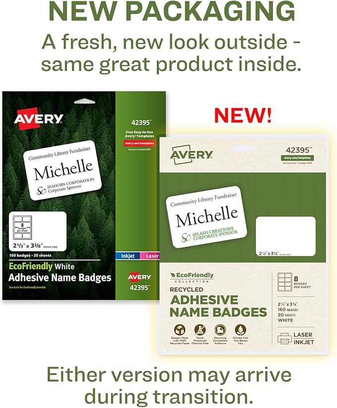 Avery EcoFriendly Recycled Name Tags, 2-1/3" x 3-3/8", White, Removable Adhesive, 160 Printable Name Badges (42395)